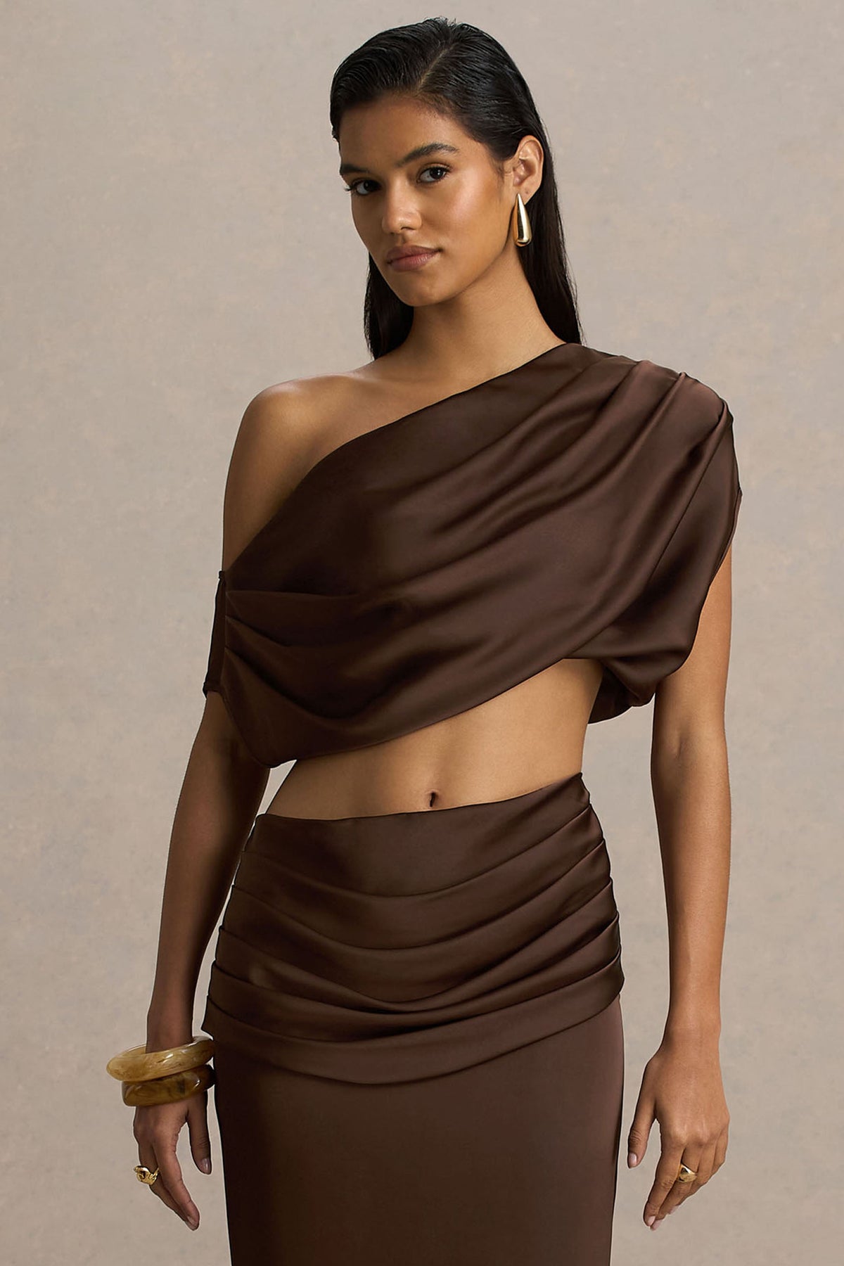 Entrapment | Brown Satin Boat-Neck Crop-Top With Ruched Detailing