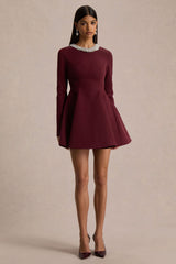 Eletta | Burgundy Embellished Crew-Neck Mini Dress