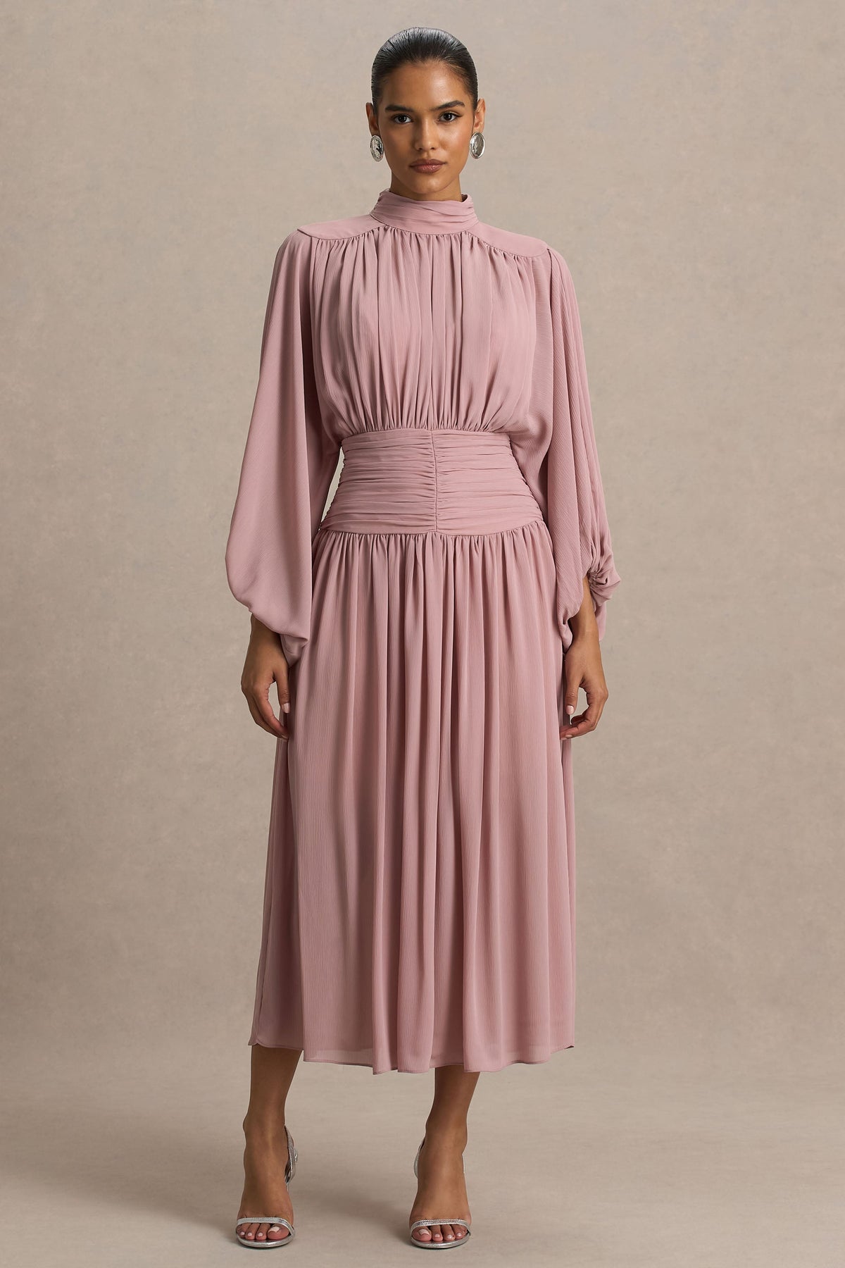 Annabel | Dusty Pink High-Neck Midi Dress With Drop-Waist And Pleated Detailing