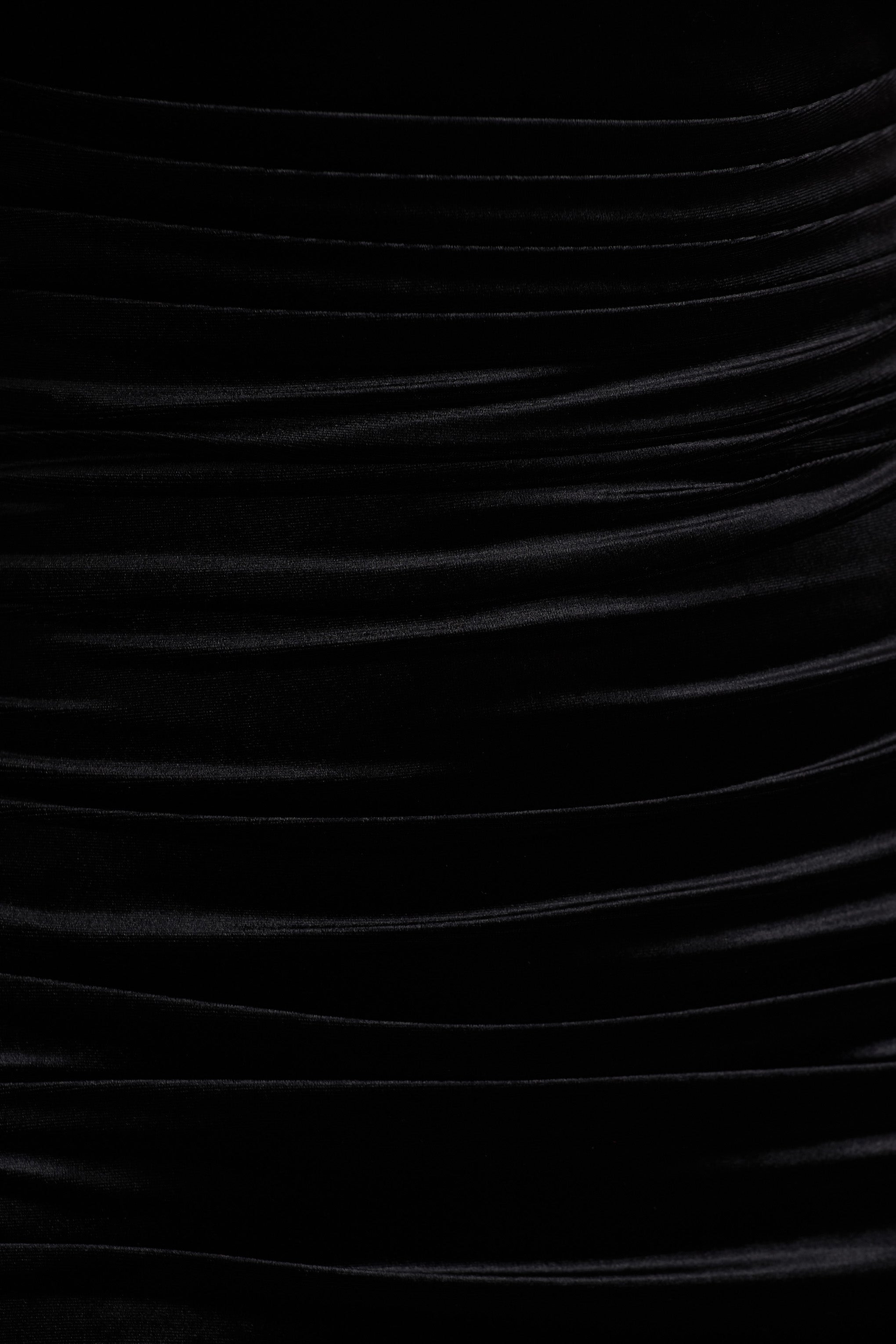 Chrissy | Black Velvet Square-Neck Midi Dress With Mesh-Sleeves And Ruched Detailing