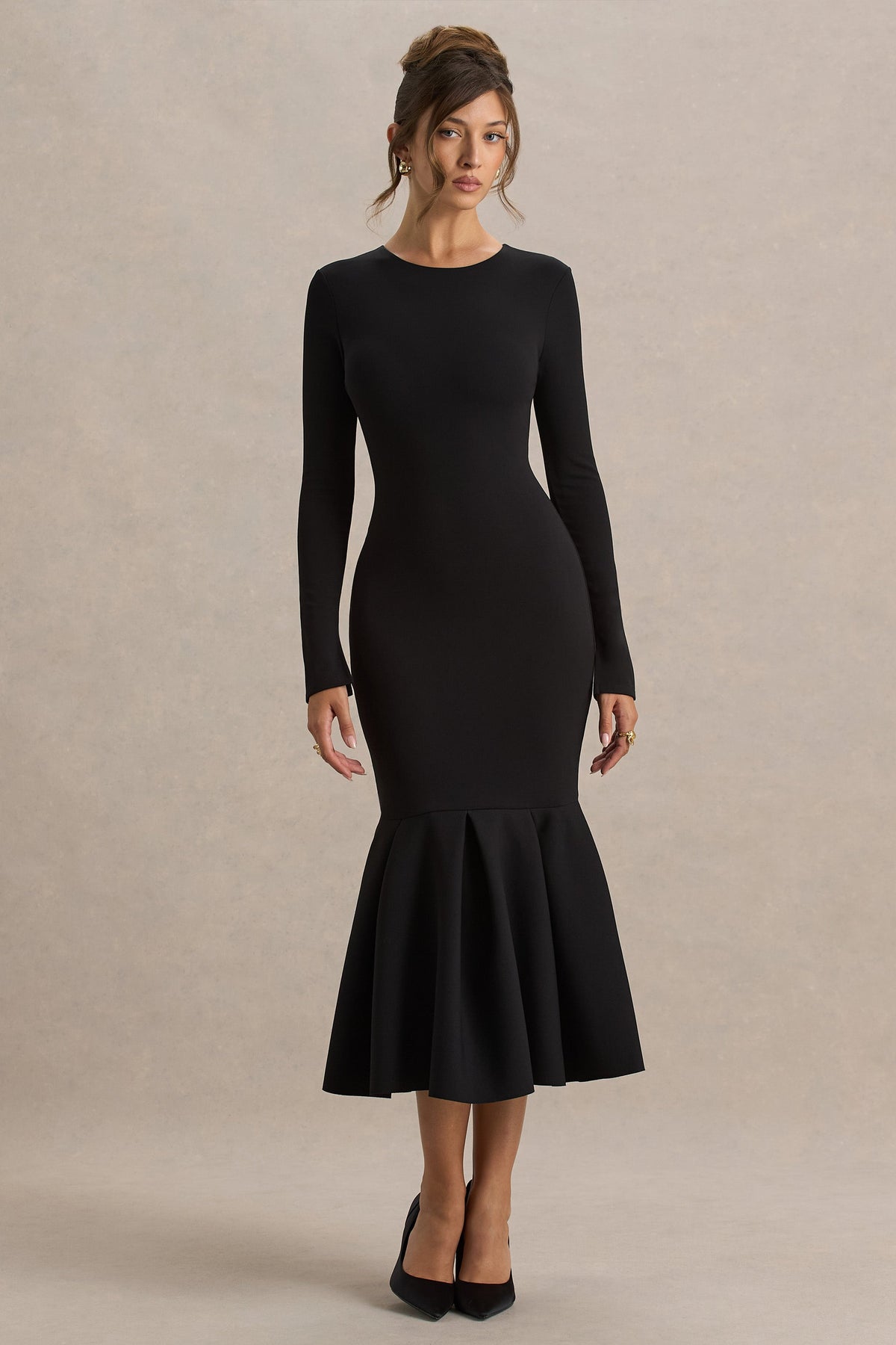 Liberty | Black High Neck Mermaid Midi Dress With Ruffling Detail