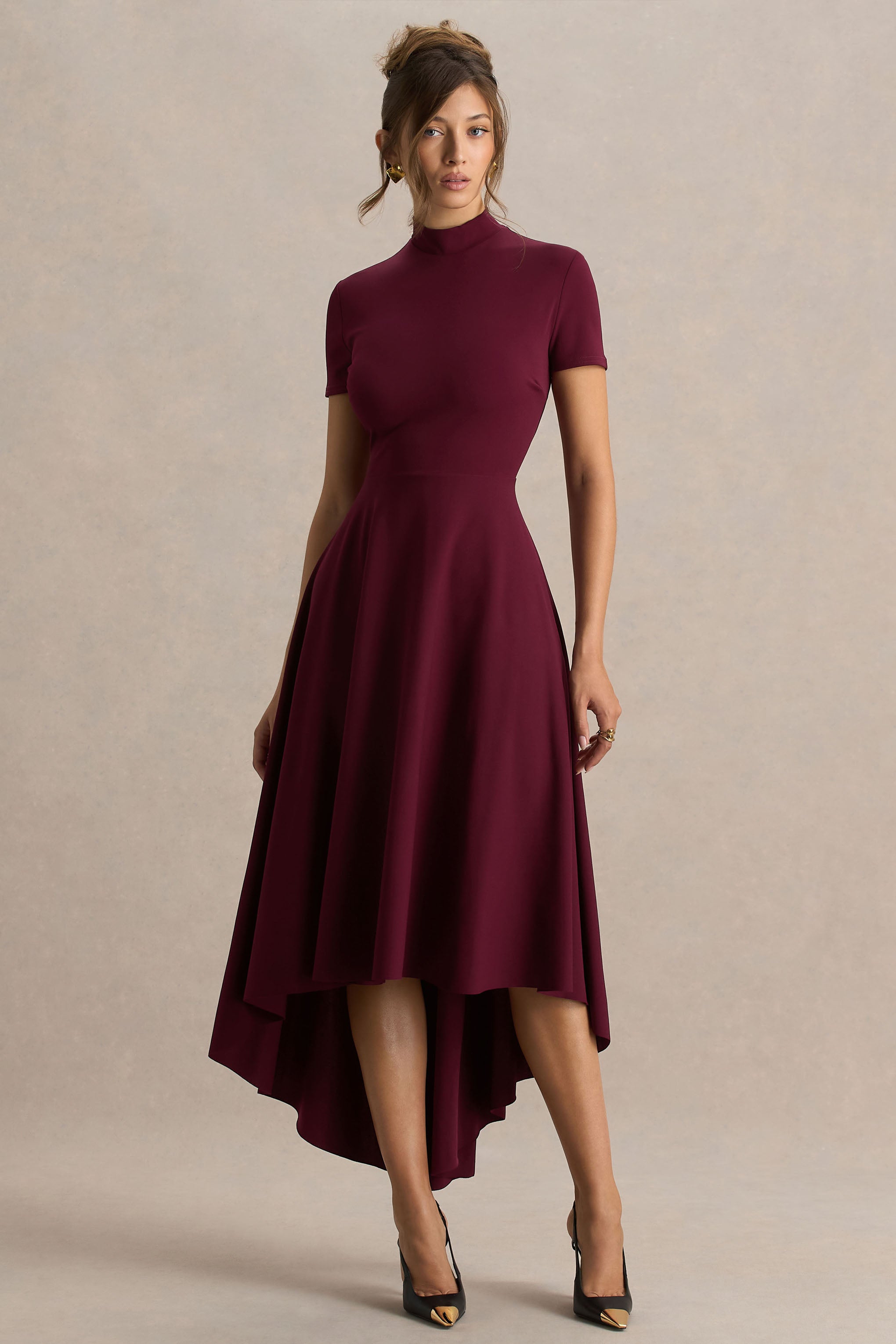 Bellona | Burgundy High-Neck High-Low Midi Dress