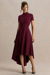 Bellona | Burgundy High-Neck High-Low Midi Dress