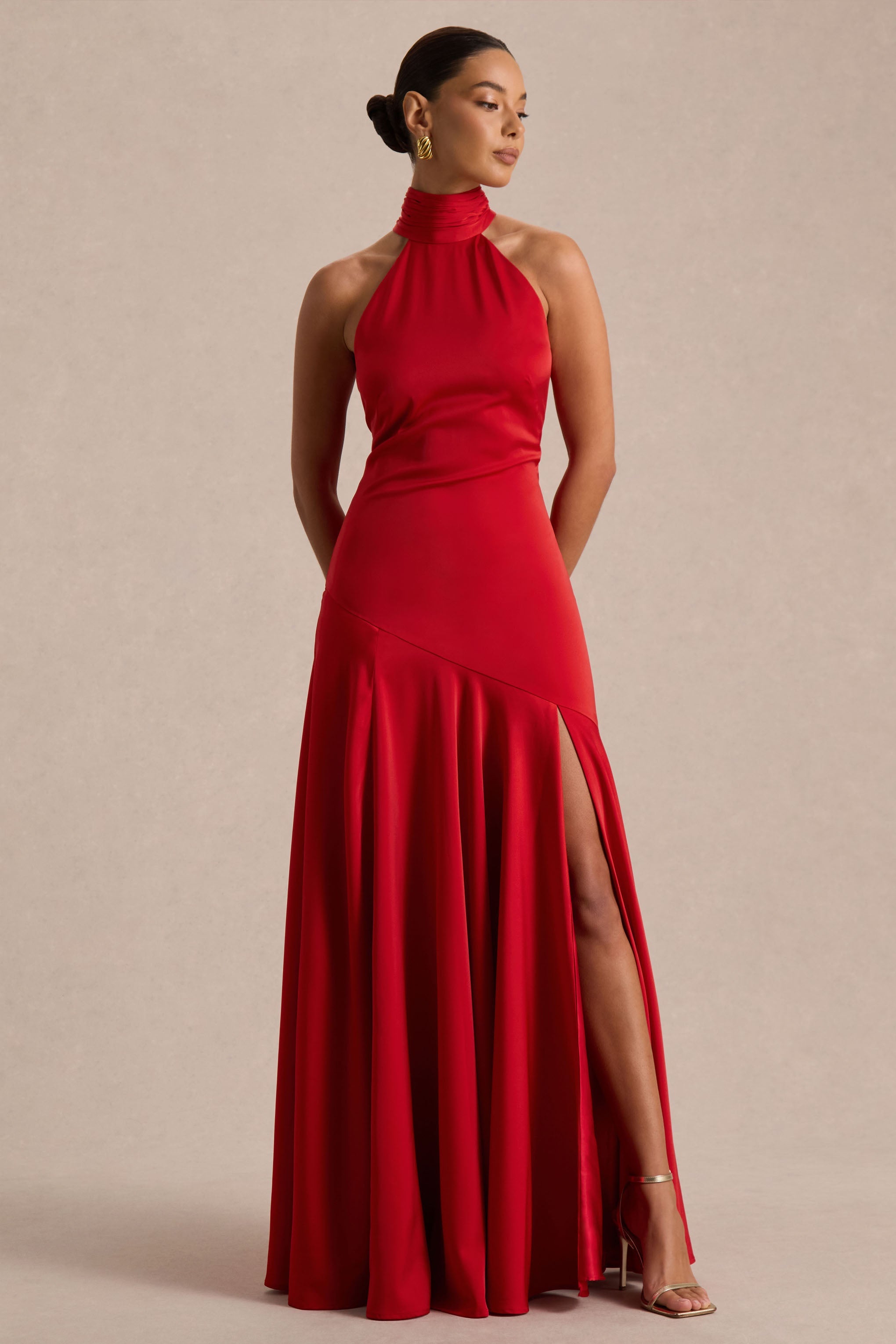 Luscious | Red High-Neck Maxi Dress With Drop-Waist And Bow Detail