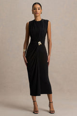 Harlow | Black Crew-Neck Wrapped Midi Dress
