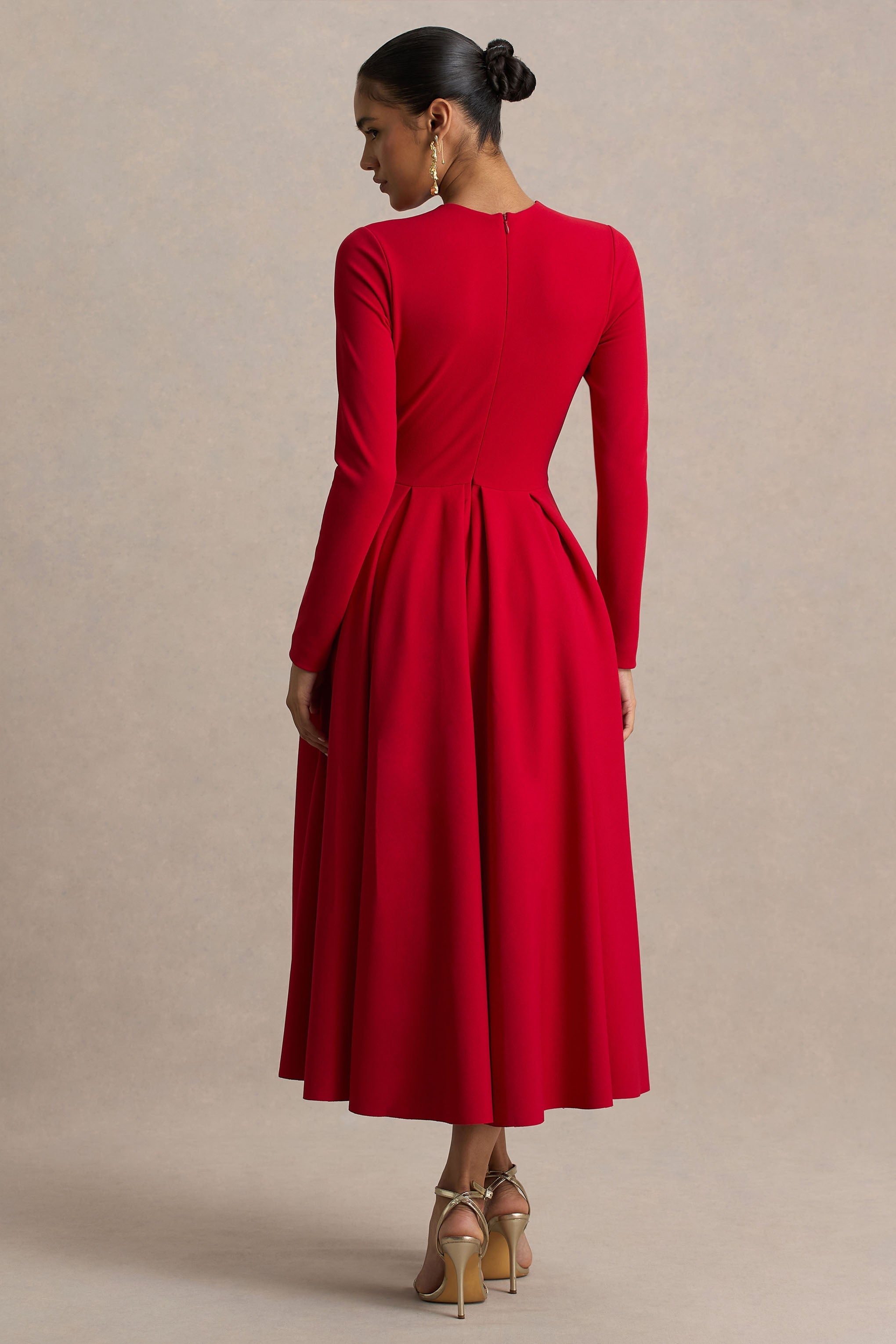 Bellamy | Red Crew-Neck Long-Sleeve Midi Dress