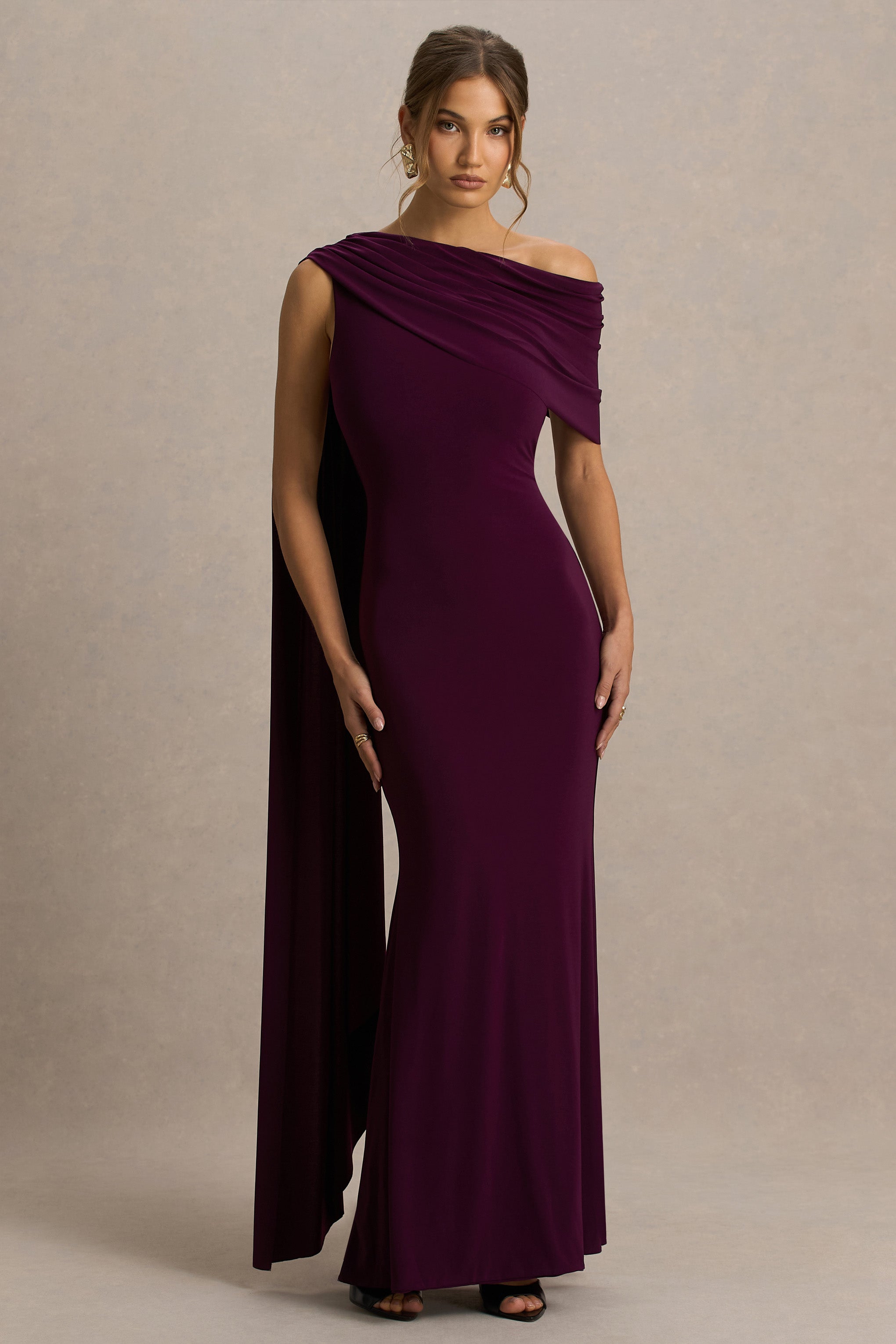 Tiana | Dark Plum Asymmetric-Neck Maxi Dress With Draped Detail
