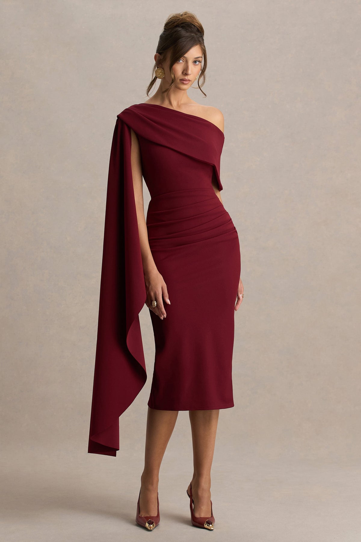 Leah | Burgundy Asymmetric-Neck Midi Dress With Cape-Sleeve