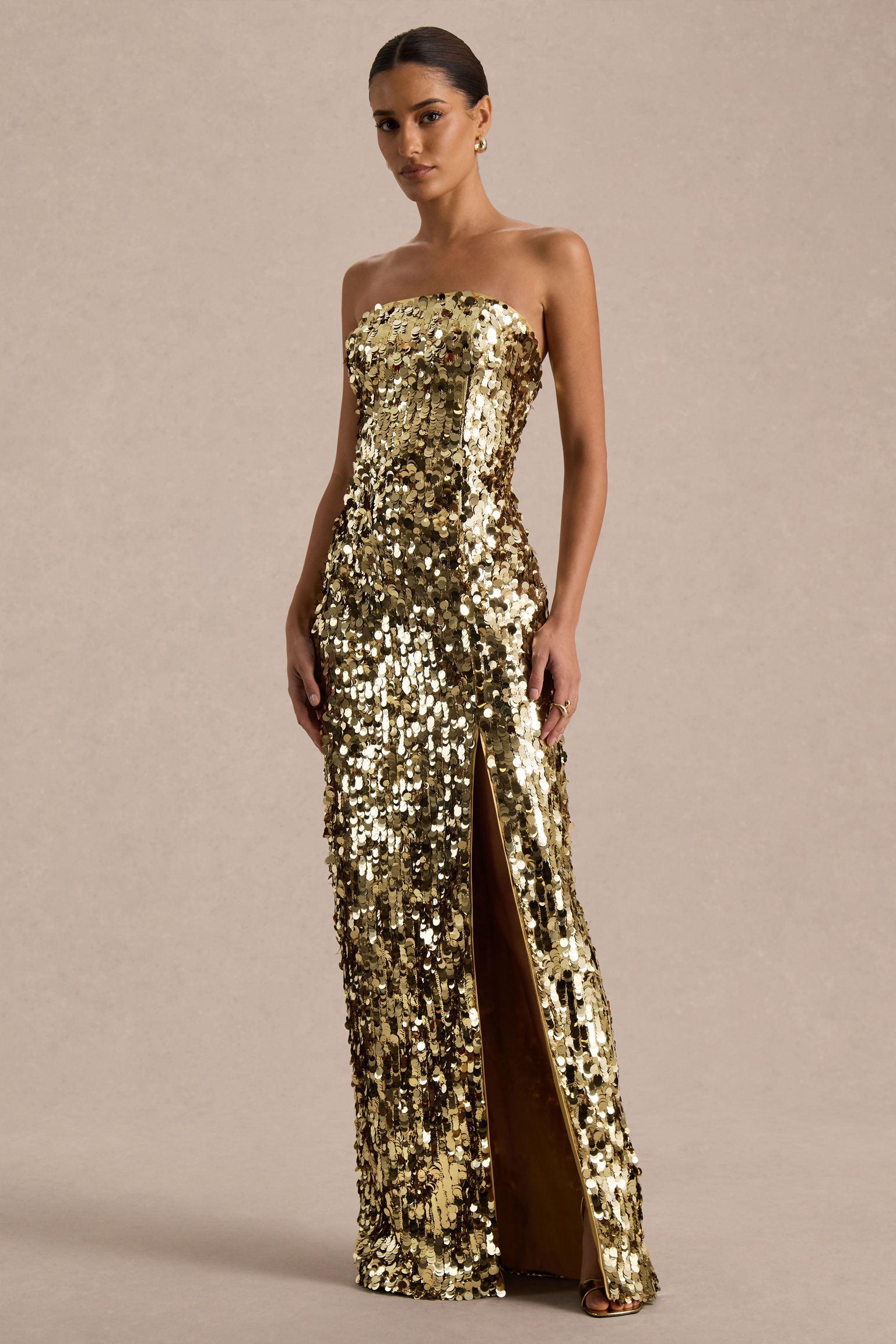 Nerea | Gold Sequin Bandeau Maxi Dress With Front High-Split