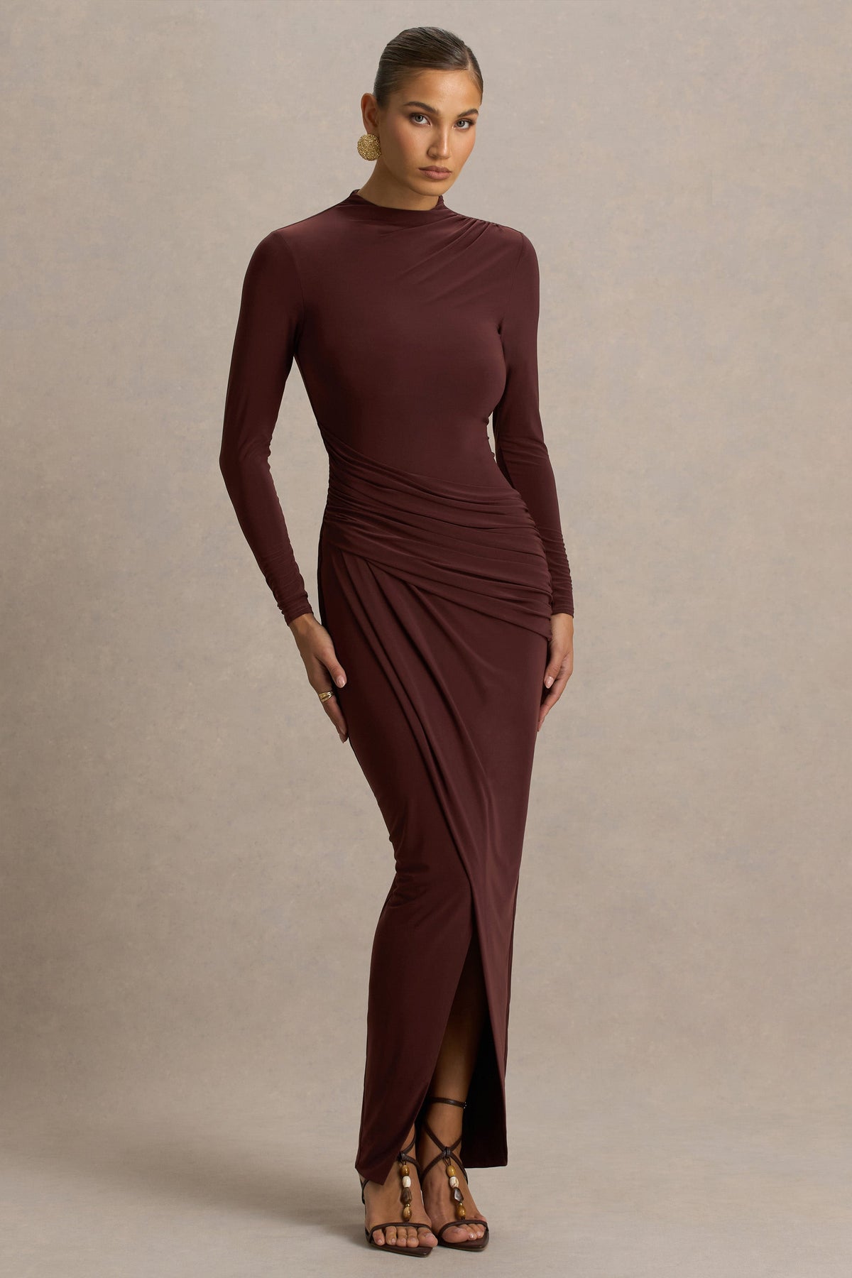 Zephyra | Brown High-Neck Wrapped Maxi Dress