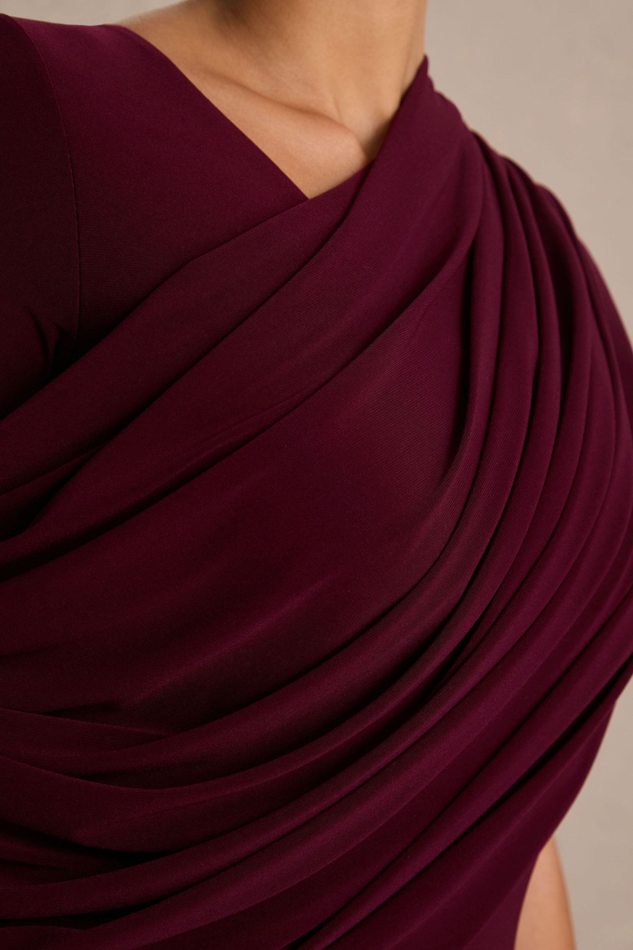 Rubelle | Burgundy Asymmetric Neck Maxi Dress With Draped Detailing