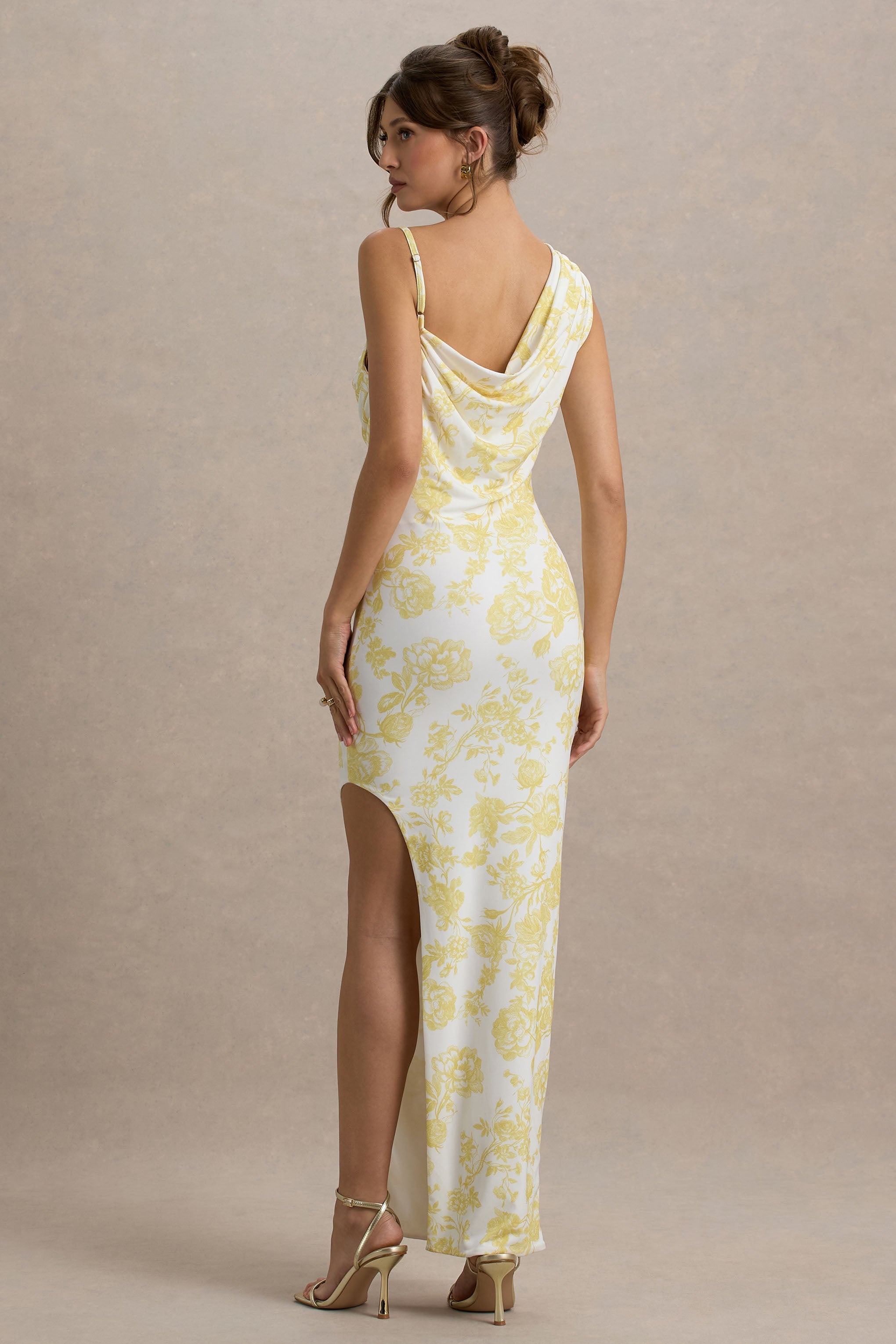 Sitara | Lemon Porcelain Print Cowl-Neck Maxi Dress With Asymmetric Skirt