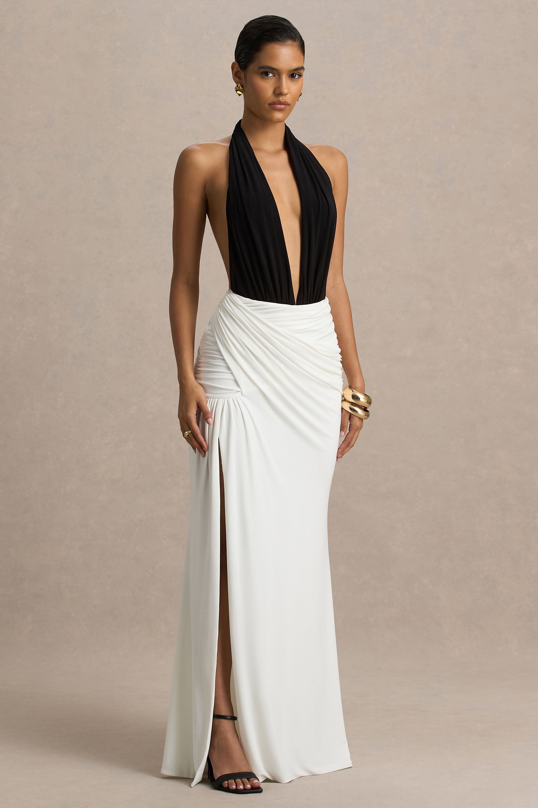 Tilly | Black And White Extreme-Plunge Neck Maxi Dress With Wrap And Ruched Details