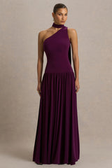 Freesia | Plum Asymmetric-Neck Maxi Dress With Scarf-Detail