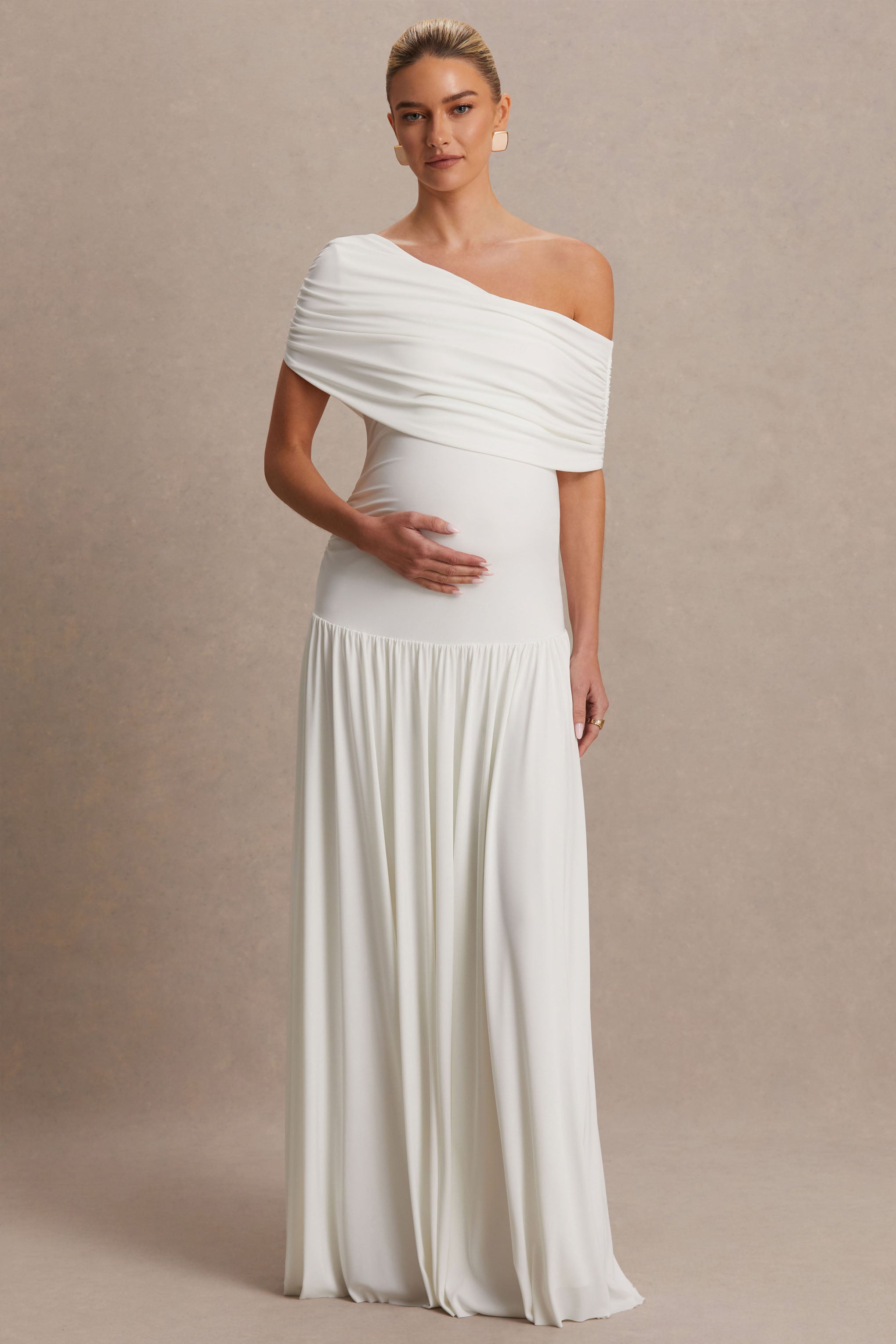 Noah | White Asymmetric-Neck Maternity Maxi Dress With Drop-Waist