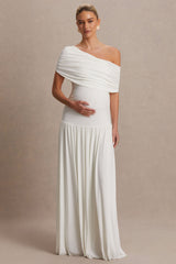 Noah | White Asymmetric-Neck Maternity Maxi Dress With Drop-Waist
