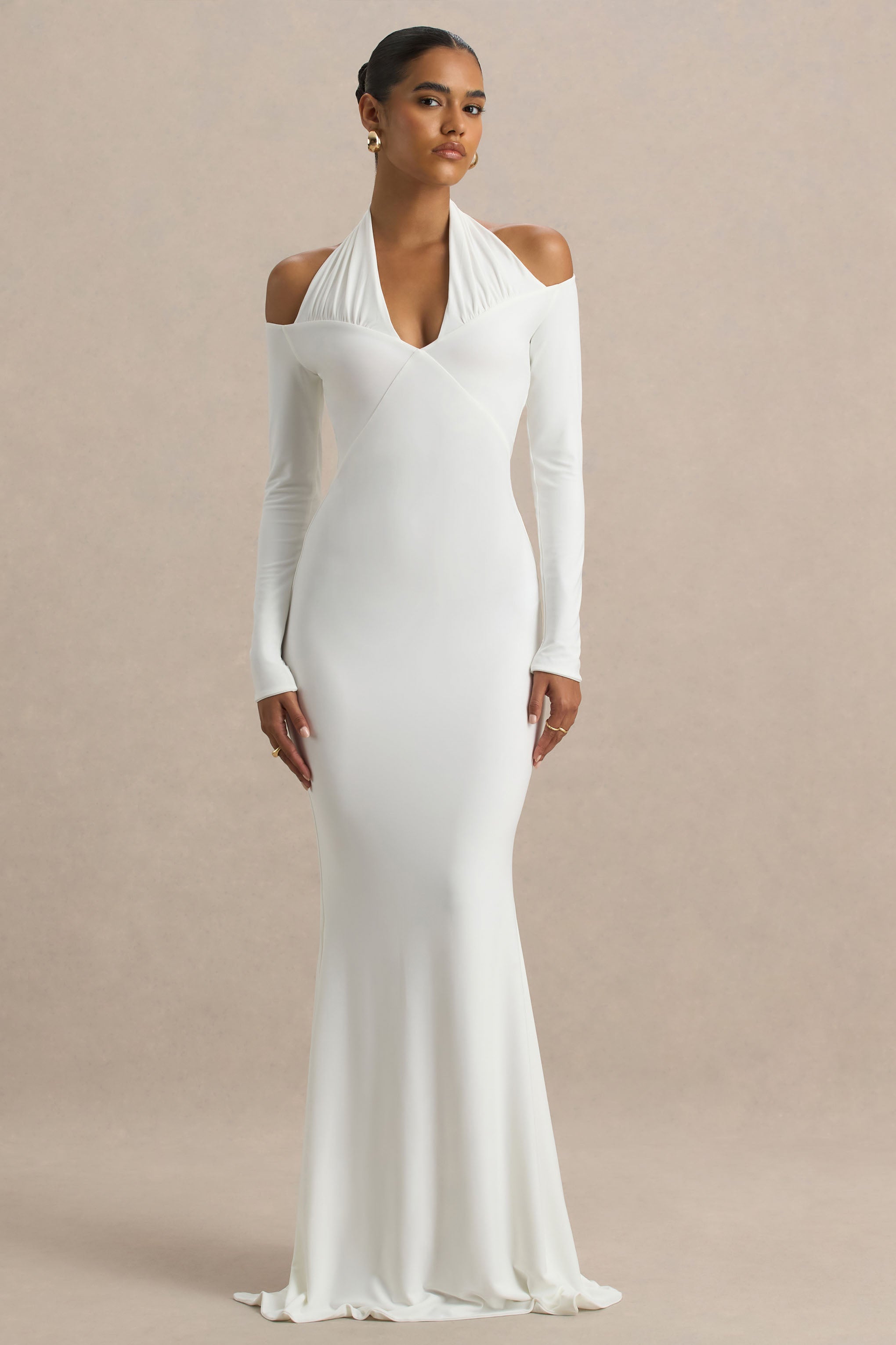 Living High | White Halter-Neck Maxi Dress With Long Sleeves