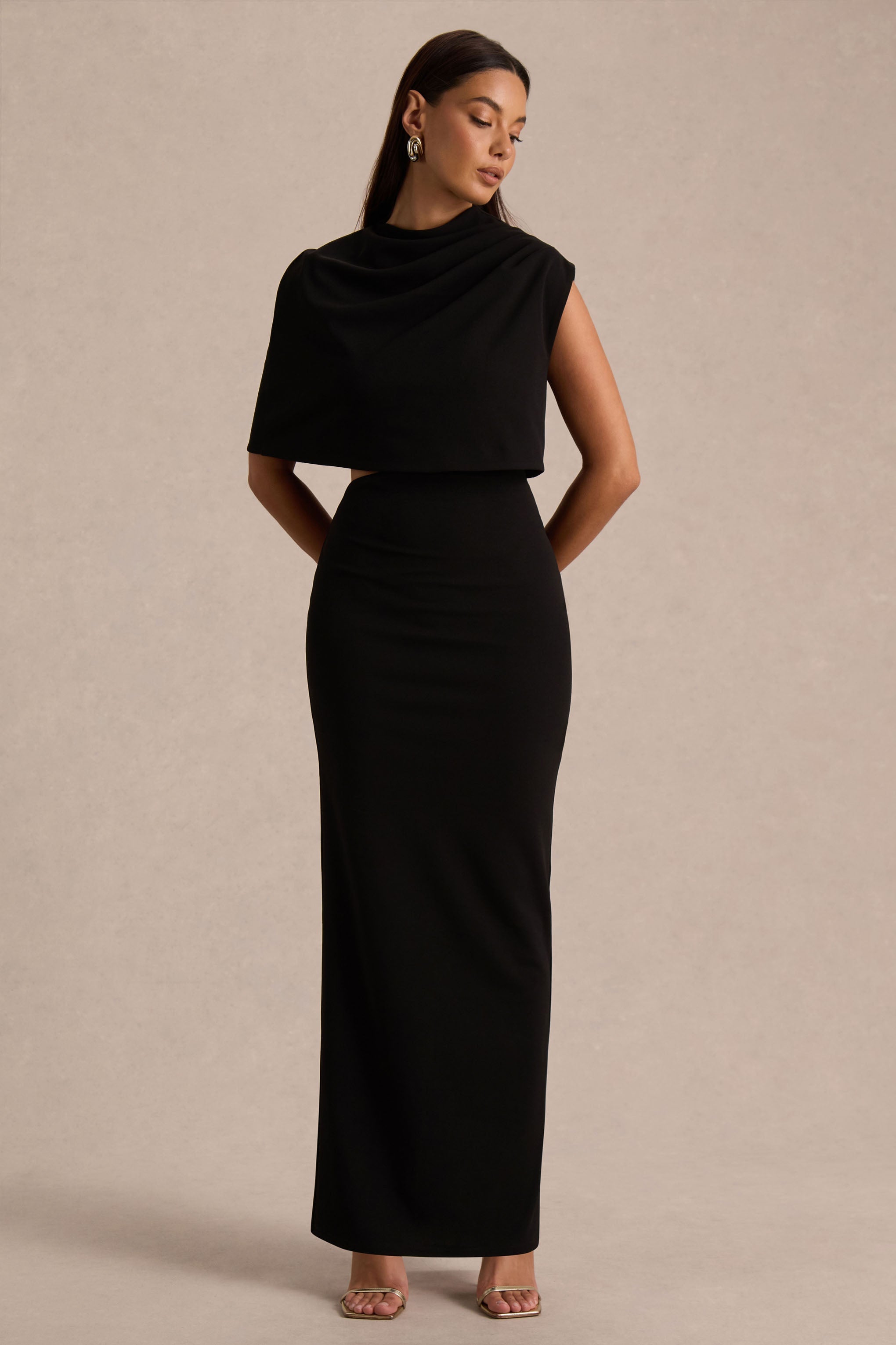 Roseth | Black High-Neck Maxi Dress With One-Sleeve And Body Cut-Out Detail