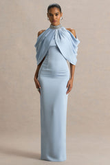 Sulliana | Powder Blue Satin High-Neck Maxi Dress With Embellished Detail And Cape Sleeves