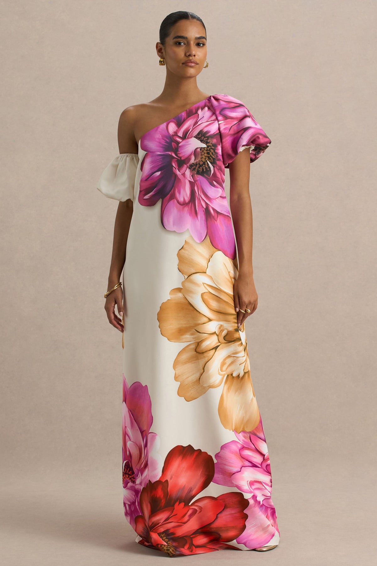 Anastasia | Large Multi-Floral Print Asymmetric-Neck Maxi Dress