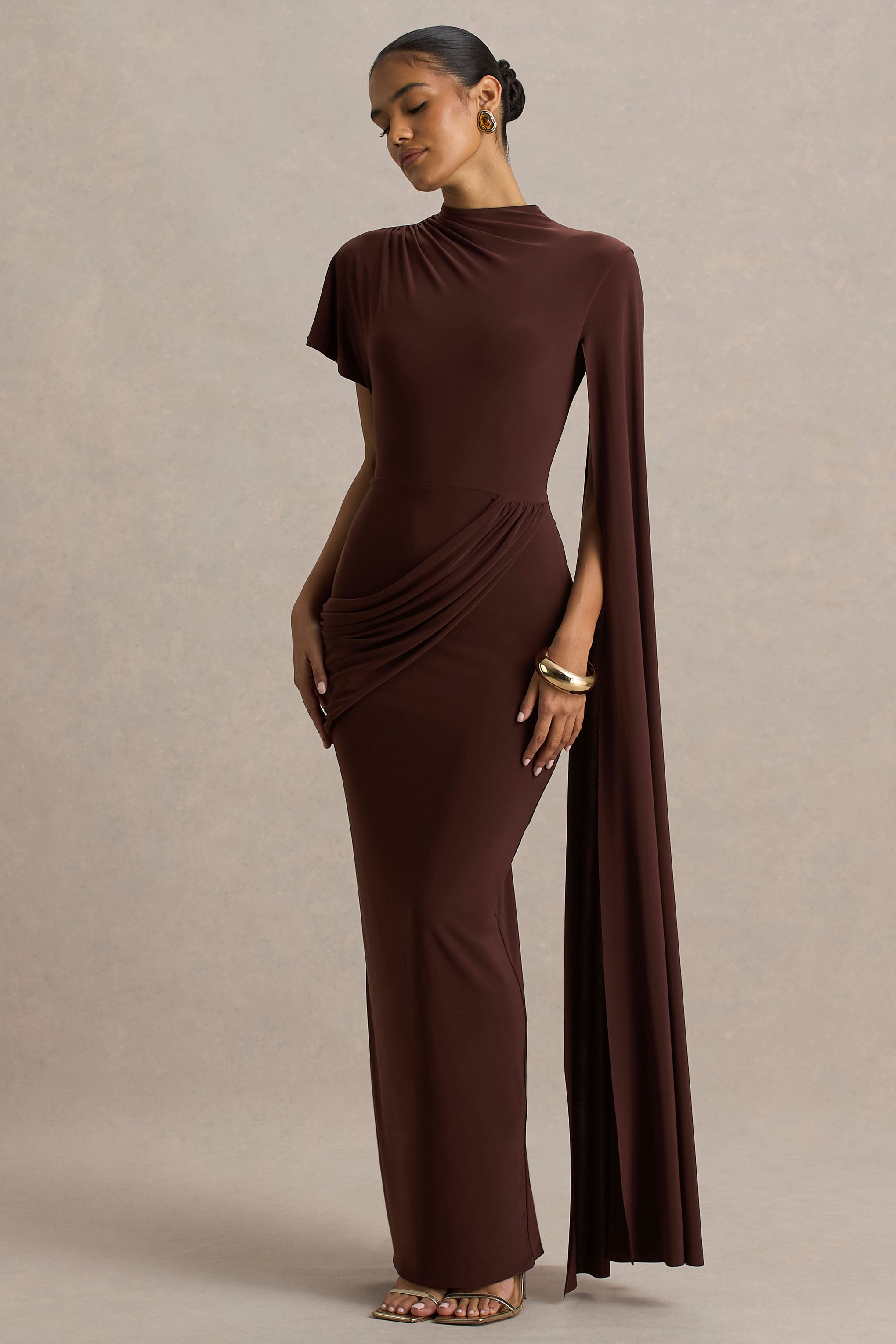Tropic | Brown High-Neck Maxi With Long Cape Sleeve