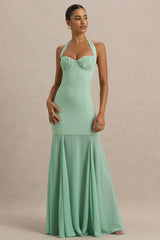 Kirby | Sage Corset Halter-Neck Maxi Dress With Sheer Detail