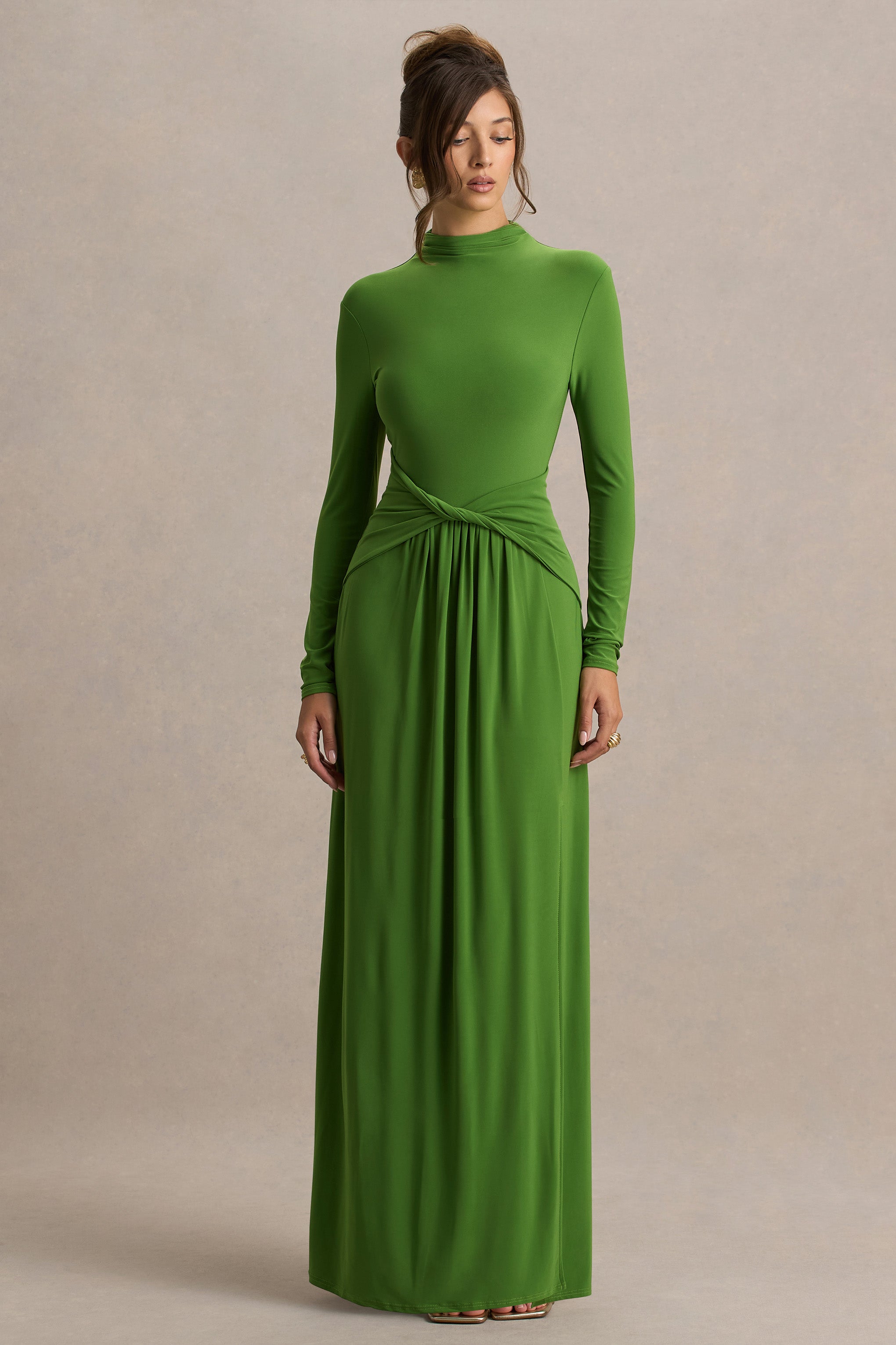 Hourglass | Green Long-Sleeve Twisted Maxi Dress With Split