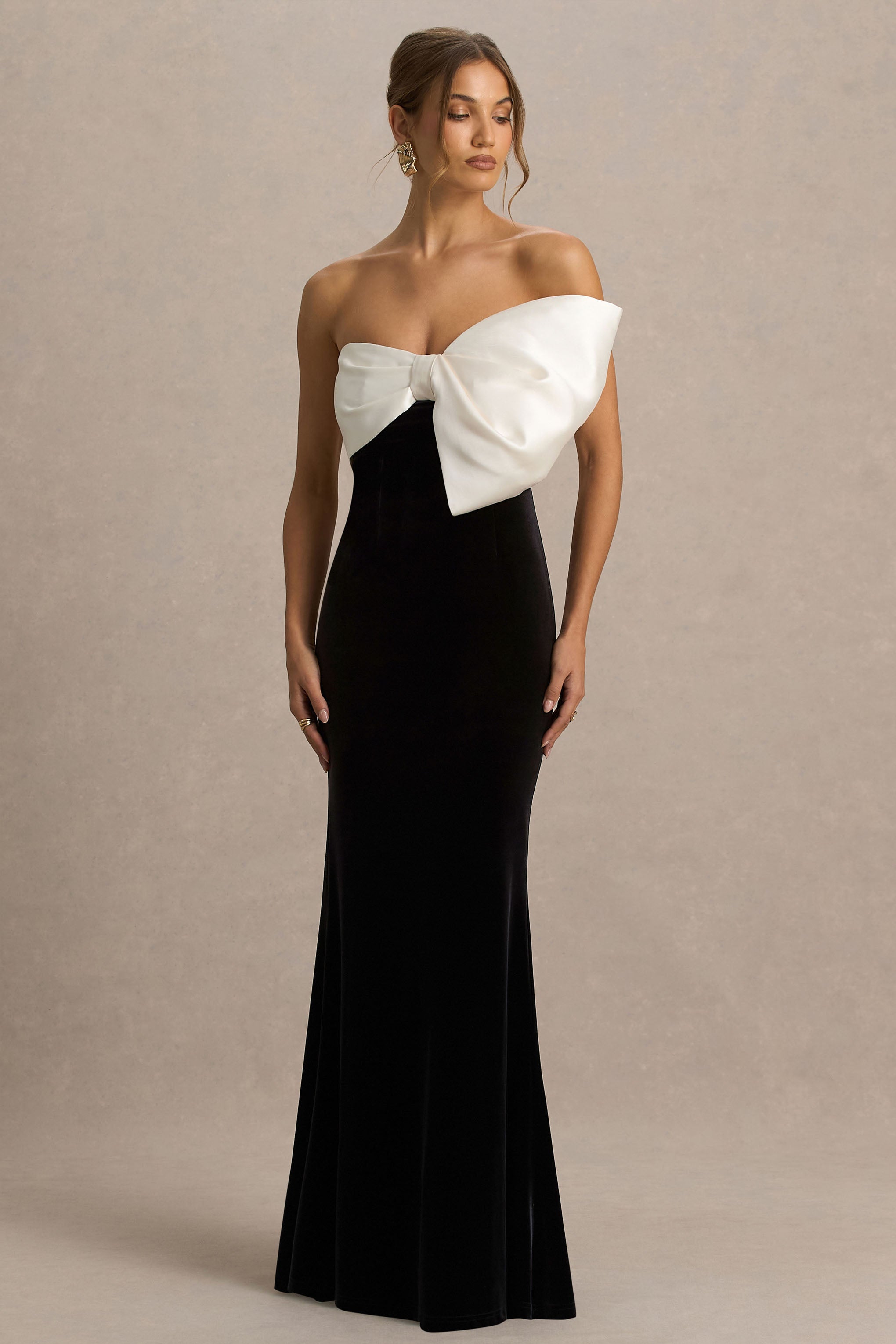 Divulge | Black And White Velvet Asymmetric-Neck Maxi Dress With Bow Detail