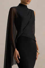 Amour | Black High-Neck Maxi Dress With Cape Sleeve Detail