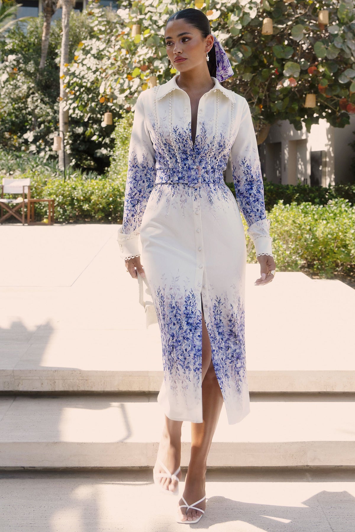 Zephy | Wisteria Print Belted Shirt Midi Dress