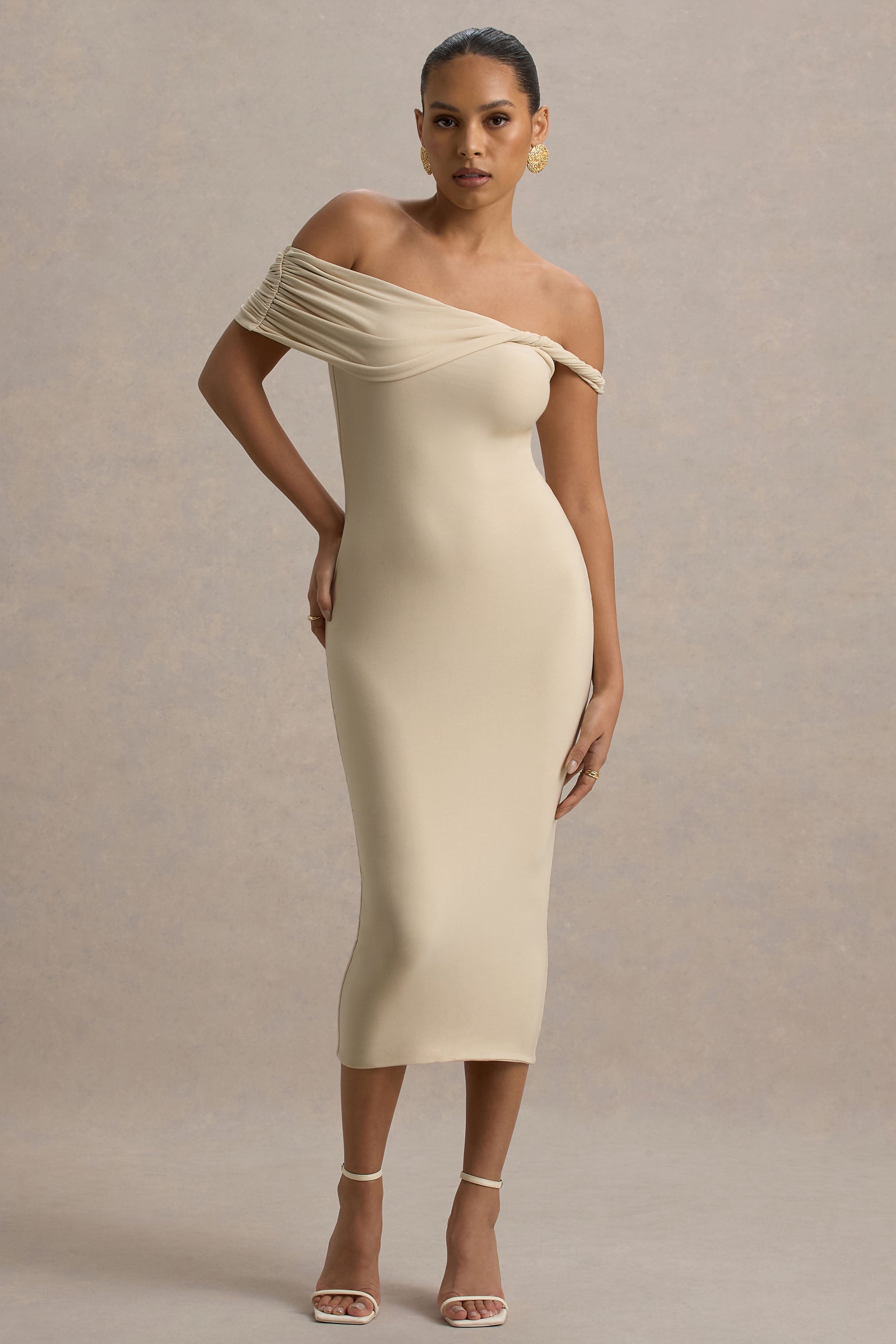 Skye | Sand Twisted Bardot Midi Dress