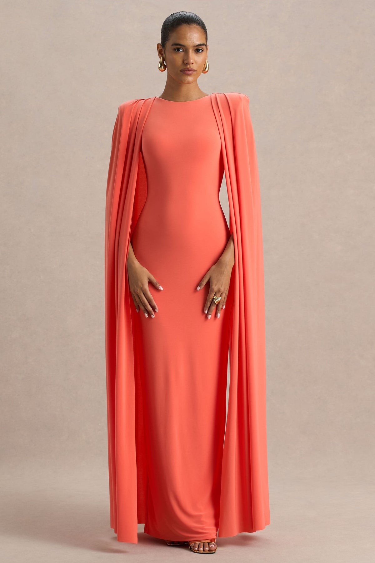 Mimi | Coral High-Neck Maxi Dress With Cape Sleeve Detail