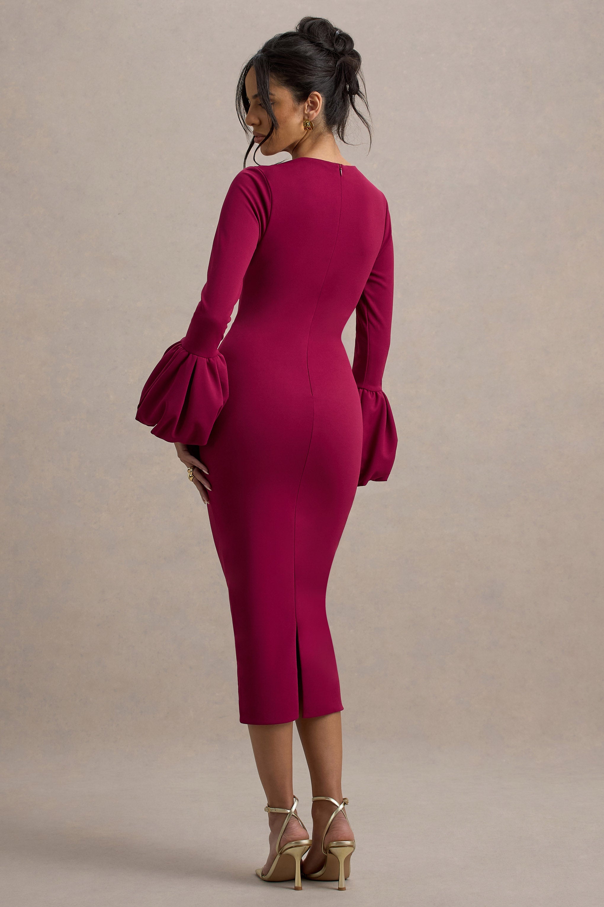 Celie | Mulberry Long-Sleeve Midi Dress With Puff Cuffs