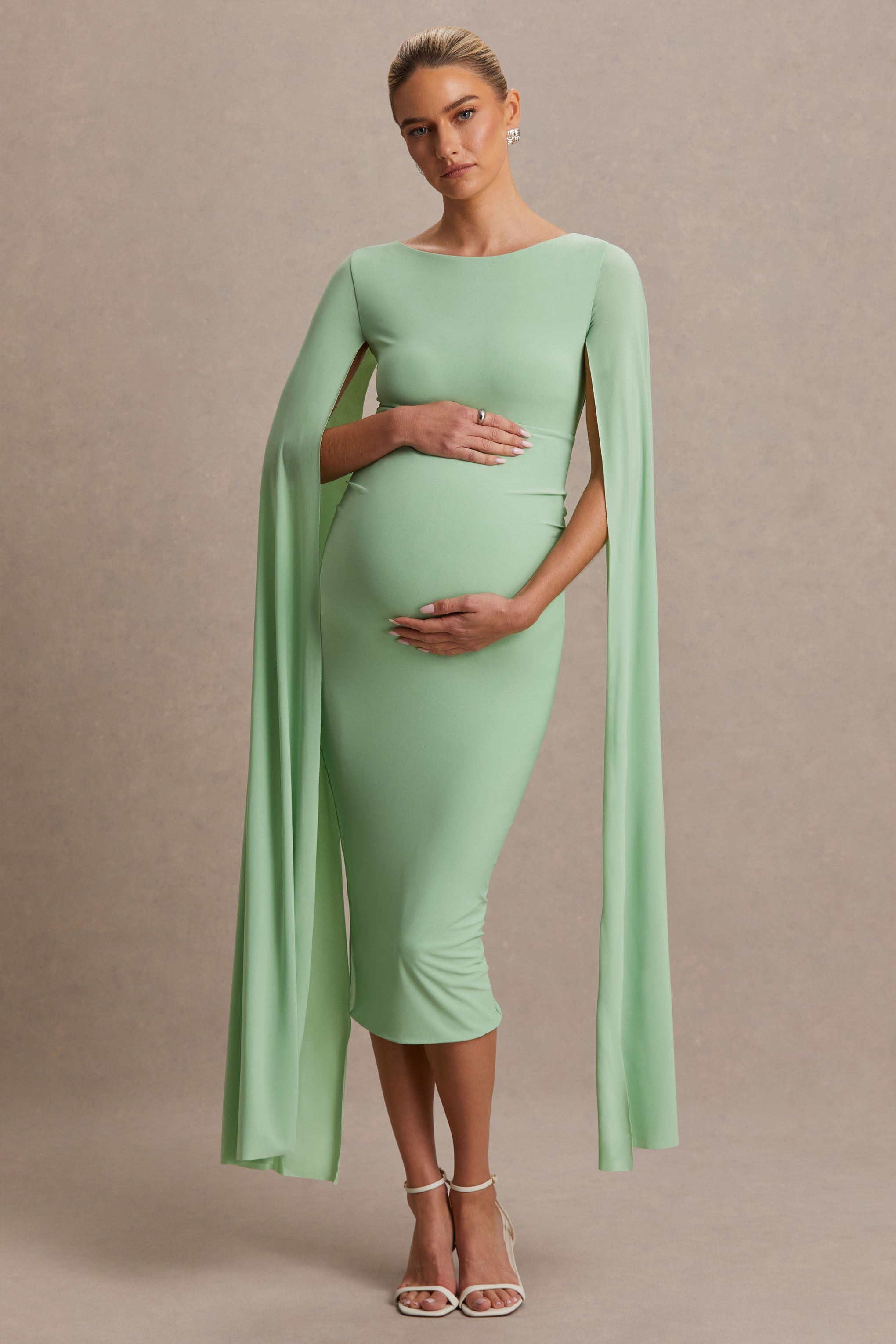 Providence | Light Green High-Neck Maternity Midi Dress With Cape Sleeves
