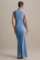 Kienna | Powder Blue Ruched High-Neck Maternity Maxi Dress