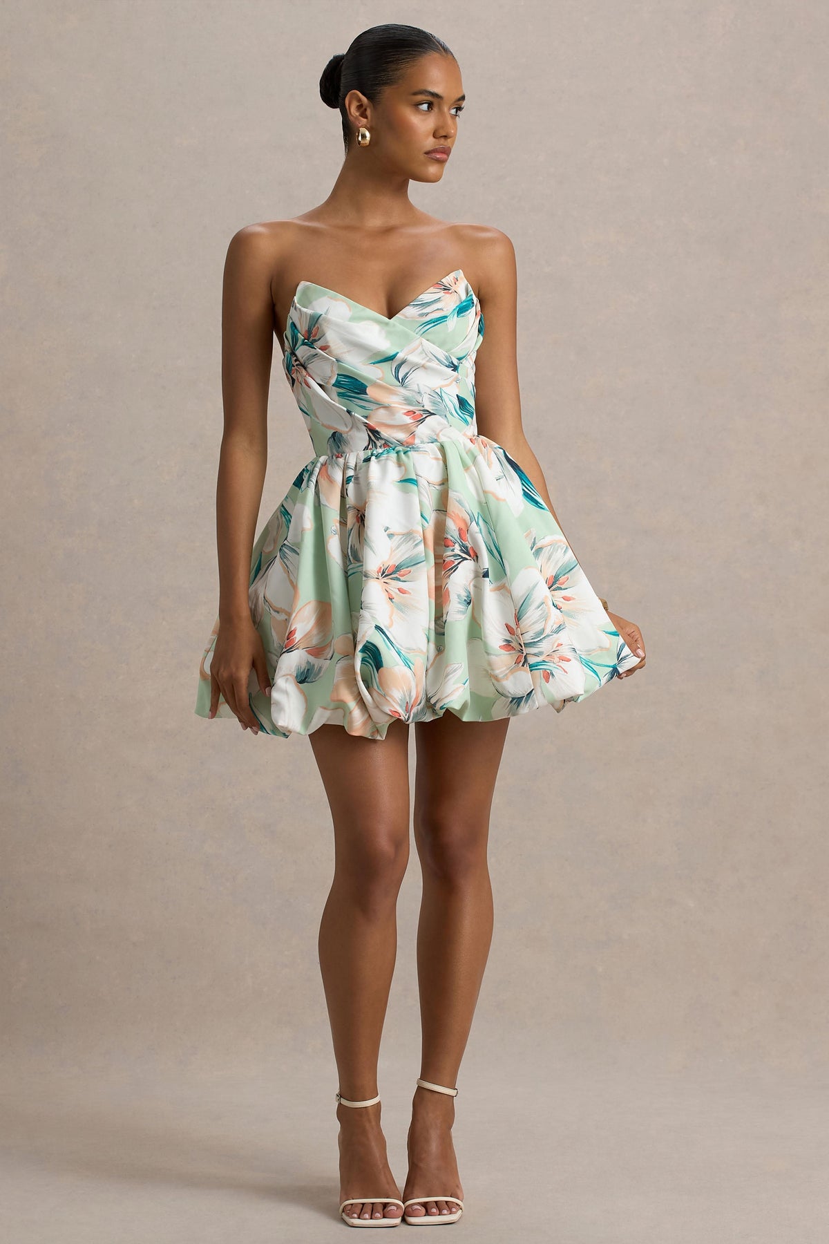 Georgie | Green Floral Print Sweetheart Puffball Mini Dress