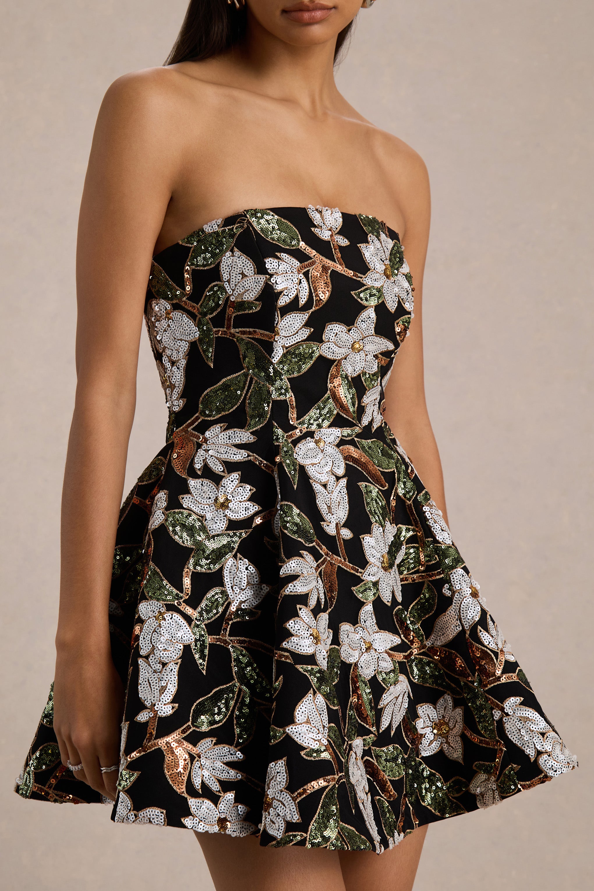 Sparky | Black And Bronze Floral Embellished Bandeau Mini Dress