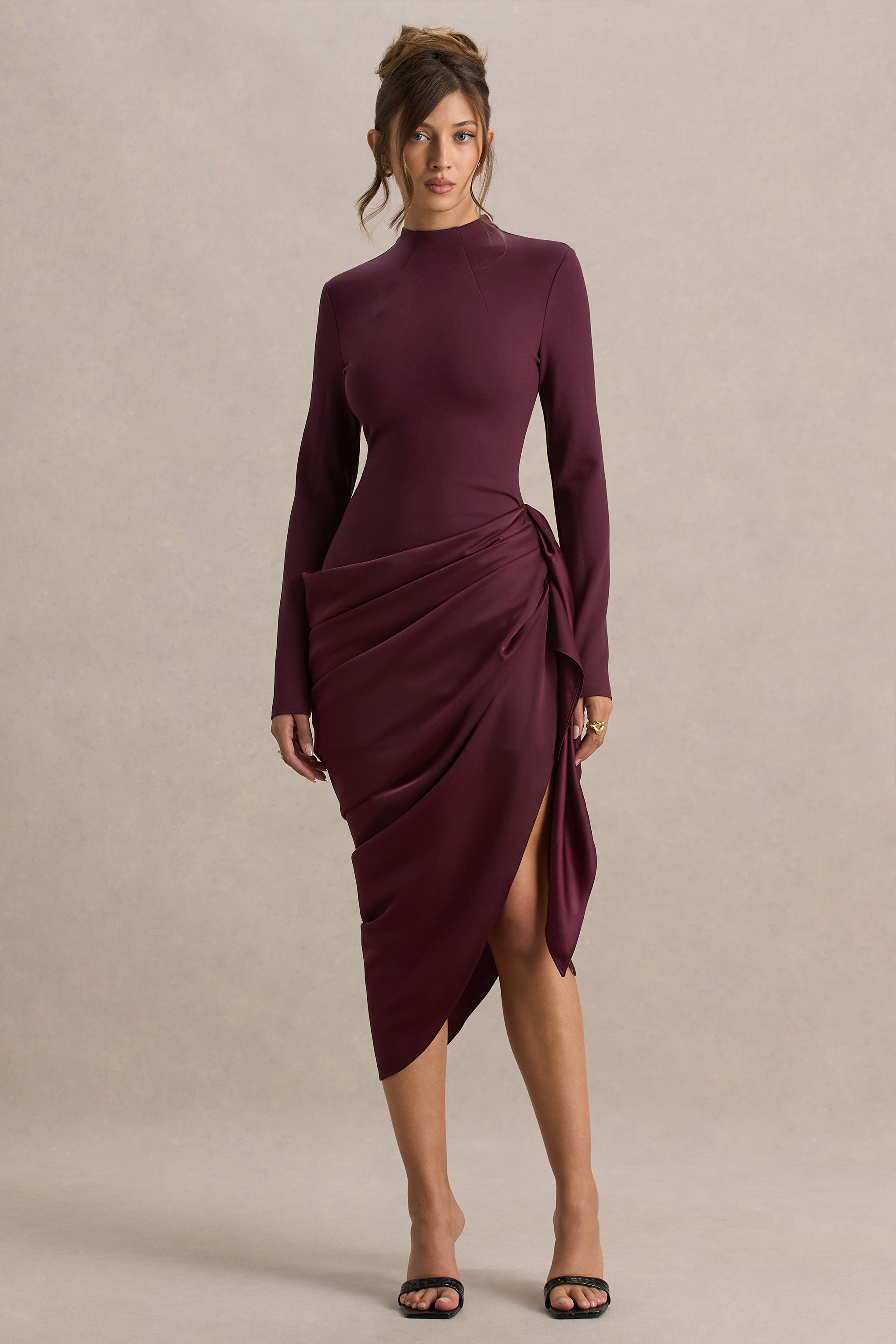 Raffie | Plum Long-Sleeve Midi Dress With Satin Wrap Skirt