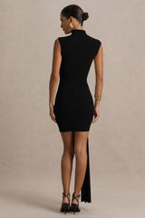 Sorenna | Black High-Neck Mini-Dress With Wrap And Sash Detail