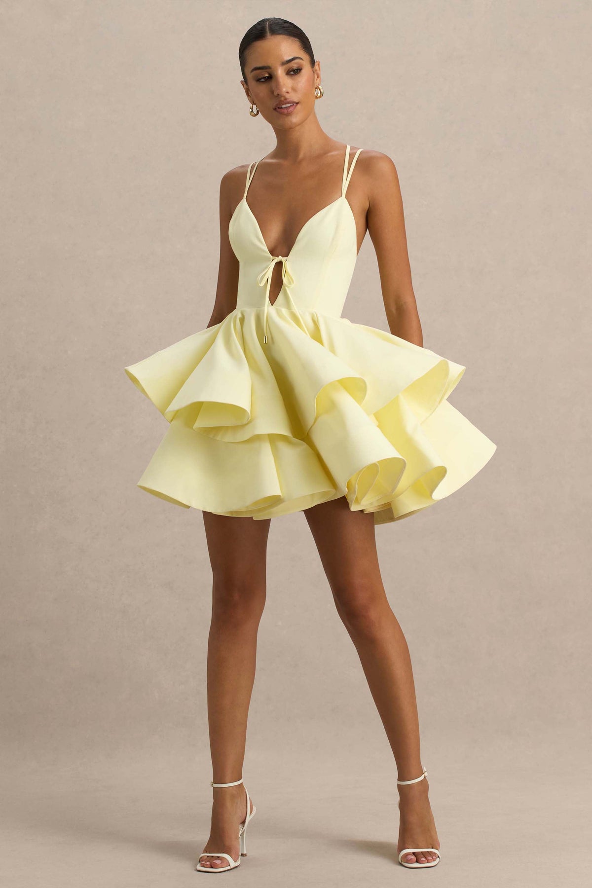 Flavia | Lemon Linen Plunge-Neck Ruffled Skater Micro-Mini Dress