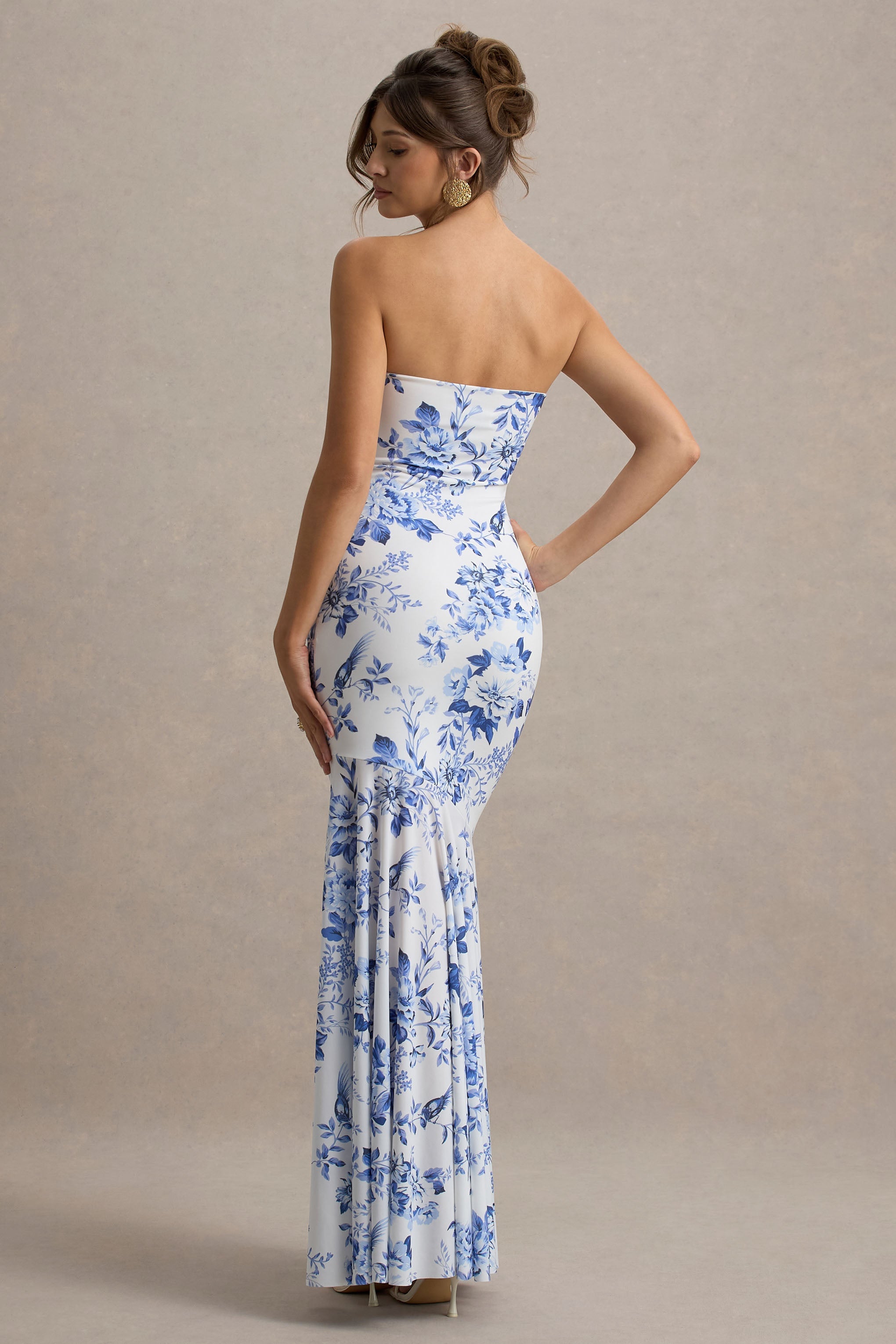 Callie | Blue Porcelain Print Bandeau Fishtail Maxi Dress