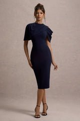 Dorothea | Navy Draped Midi Dress With Cape