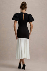 Cinzia | Black & White Puff-Sleeve Volume-Hem Midi Dress