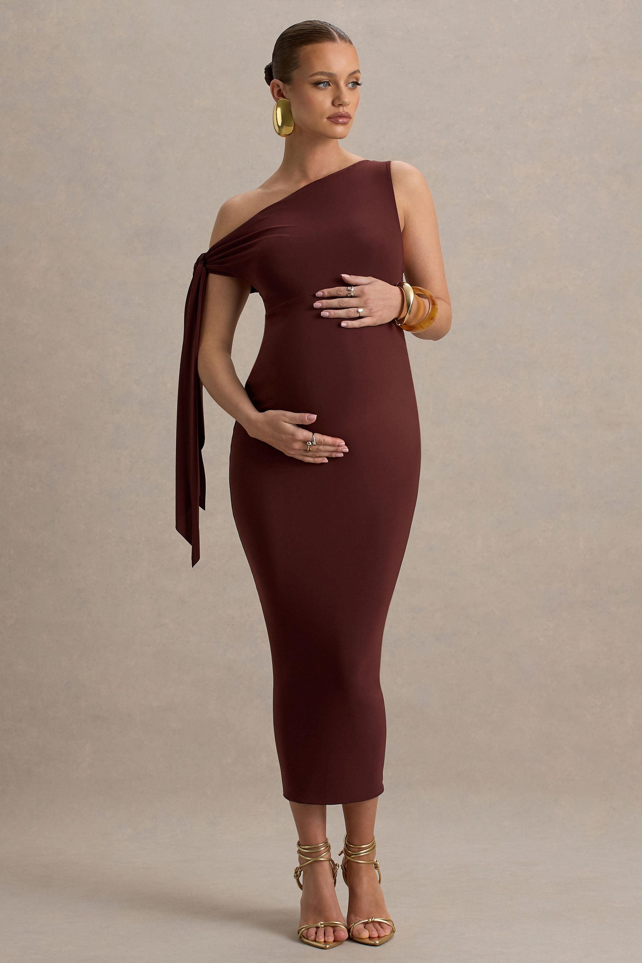 Katarine | Brown Asymmetric Knot Maternity Midi Dress