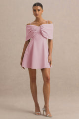 Faria | Blush Pink Short-Sleeve Bardot Mini Dress With Bow Detail