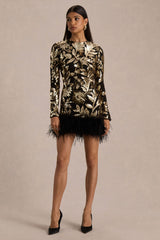 Lara | Black Velvet And Gold Embellished Sequin High-Neck Mini Dress With Feather Trim