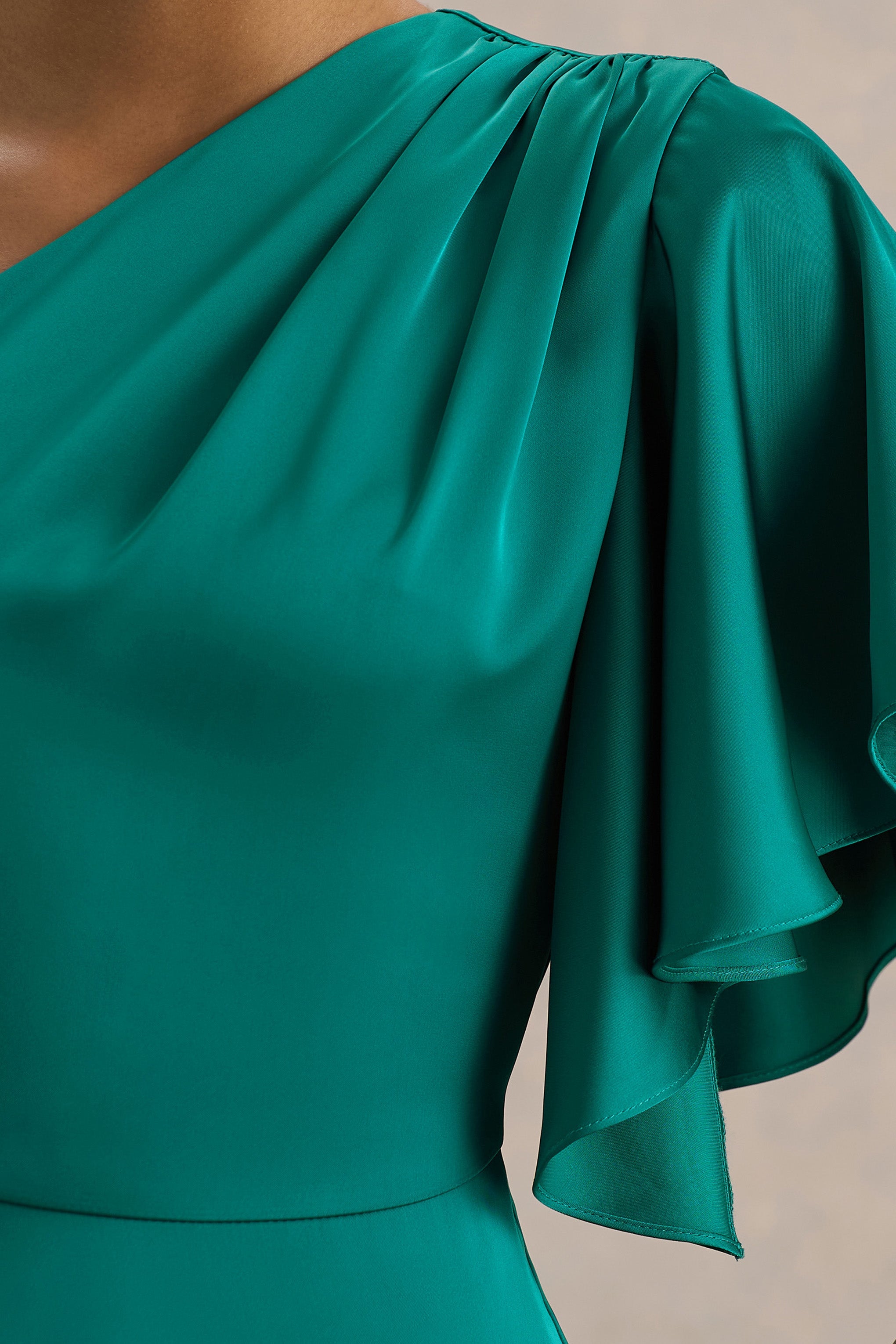 Unforgettable | Bottle Green Asymmetric-Neck Maxi Dress With Ruffled Detailing