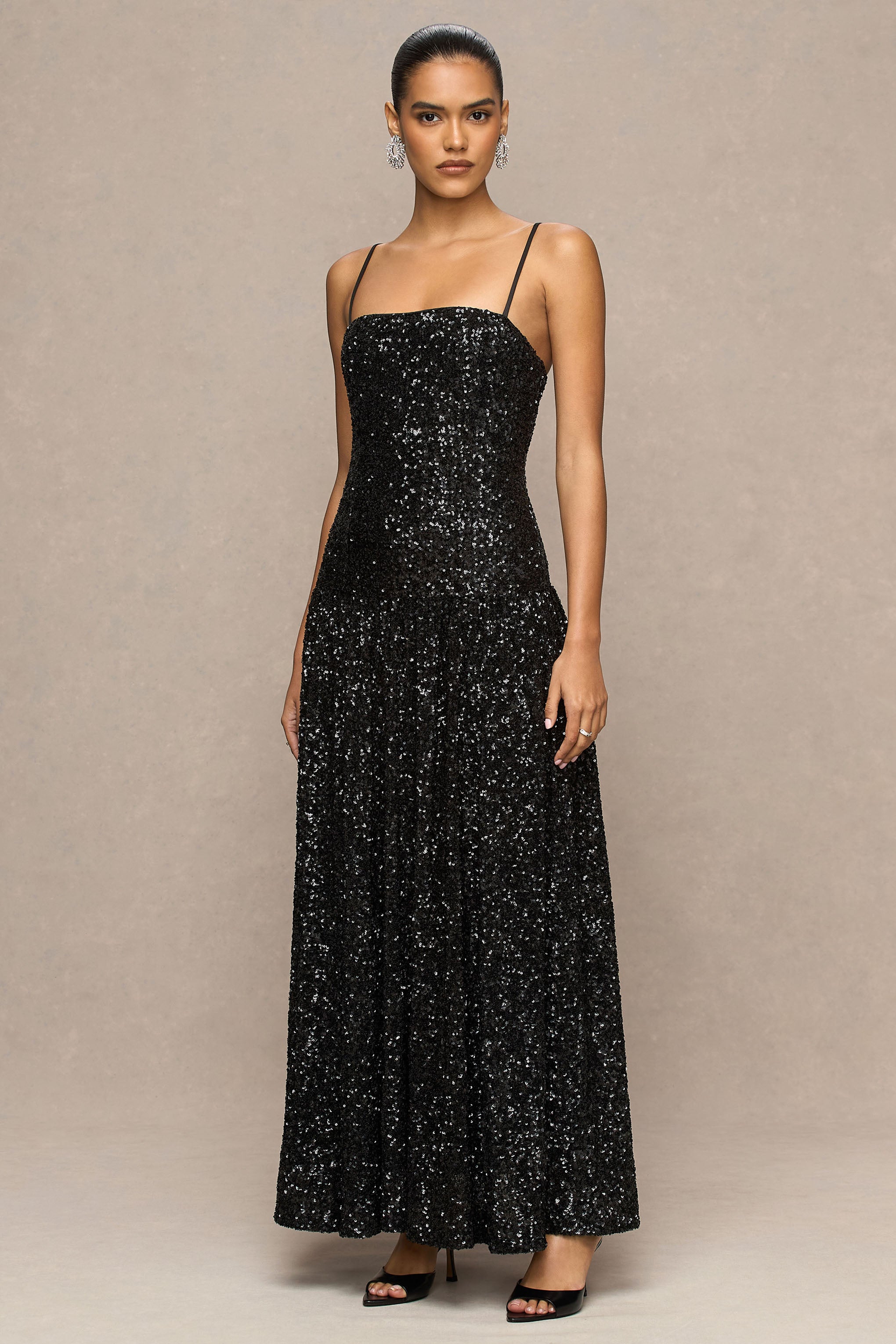 Allora | Black Sequin Square-Neck Maxi Dress With Pleated Skirt