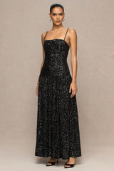 Allora | Black Sequin Square-Neck Maxi Dress With Pleated Skirt