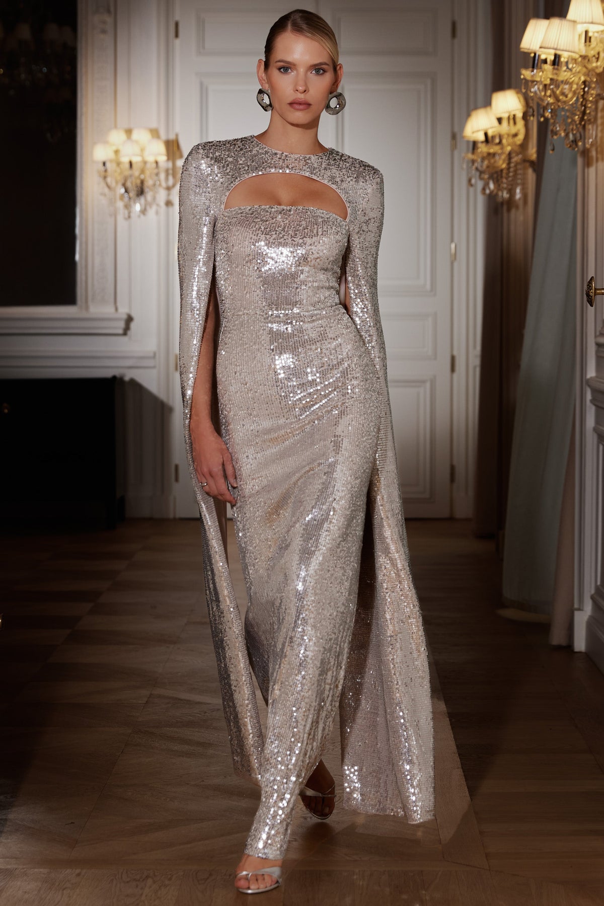 Devora | Silver Sequin Crew-Neck Maxi Dress With Cape Sleeves